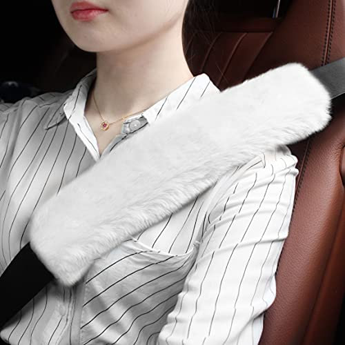 GAMPRO 2 Stück Gurtpolster Auto Kinder Auto-Sicherheitsgurtpolster, Abdeckungs-Set, 2er-Pack, 33 cm, Kunst-Rex-Kaninchenfell, weich, bequem, Schulterpolster für Erwachsene und Kinder (Weiß)