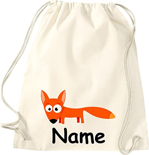 ShirtInStyle Gym Sack Kinder Turnbeutel Tiere Fuchs mit Wunschnamen, Beutel Tasche Hort Kita, Farbe Natur