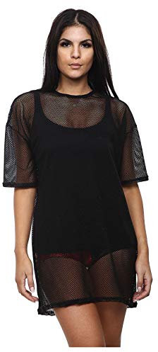 janisramone® Women's Short Sleeve Fishnet Top Sheer Mesh Oversized T Shirts for Women Soft & Comfortable Longline Tunic Baggy Tops For Women UK - Chic Women's T-Shirts