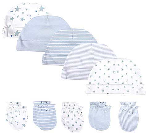 Chamie Baby-Mütze und Fäustlinge, Set für Neugeborene,für Babys, Jungen und Mädchen, 0–6 Monate, 100% Baumwolle (Blau)