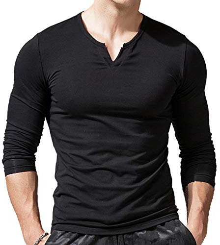 Uomo vestibilità Slim Manica Lunga Henley Maglietta Casuale Scollo a V. Magliette Cotone Nero Small