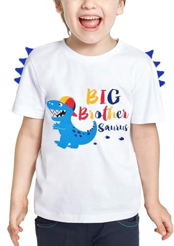 WAWSAM Dinosaur Big Brother Announcement T Shirt Sibling Outfits for Toddler Boys 100% Cotton Promoted to Big Brother Shirt White Print