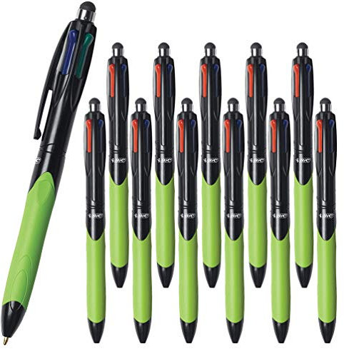 BIC Lot de 12 stylos à bille rétractables 4 couleurs avec prise en main ergonomique et stylet, pointe de 0,4 mm, encre noire, bleue, rouge et verte (emballage OEM)