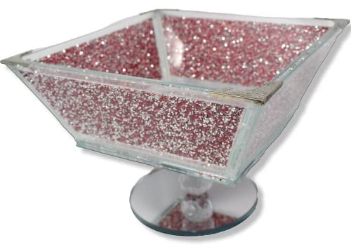 CRYSTAL CROWN Pink Glass Sparkle Ornament, Crushed Diamond Gift, Crystallised Fruit Bowl, Storage Organiser, 15cm, Home Decor