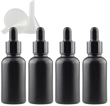 TIANZD 4 Pièces 30ml Flacons en Verre Noir Mat avec Pipettes, 30 ml Bouteilles Compte-gouttes en Verre Vides avec Bouchon à Vis Noir Pour Les Huiles Essentielles Aromathérapie