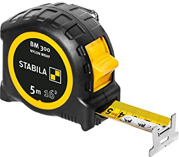 STABILA Mètre ruban BM 300, 5 m (16'), double face cm/inch, boîtier incassable PC/ABS, crochet SPIKES acier gainé NYLON-WRAP clip ceinture, précision MID