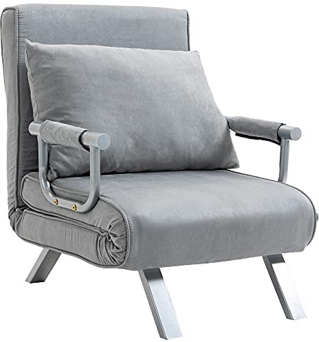 HOMCOM Single Chair Bed, Click Clack Convertible Bed Settee, Modern Velvet Feel Fabric Lounge Couch with Cushion for Living Room, Bedroom, Guest Room, Light Grey