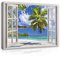 WallArena - Leinwand Bilder - Fensterblick Strand Meer Palmen Landschaft - 100x75 cm Leinwandbilder Bild auf leinwand Wandbild XXL groß Wandbilder für Wohnzimmer Schlafzimmer Wohnzimmerbilder Modern