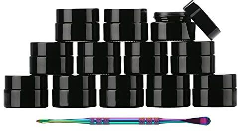 SKMZ 12 Stück UV-Schutz, kleine Gläser mit Deckel, wiederverwendbar, 5 ml, schwarze Lebensmittel-Glasflasche, luftdichter Behälter für Öl, Salbe, Blätter, Aufbewahrung, 5 g, schwarz