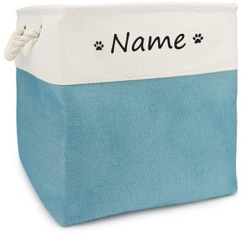 CZD Hundespielzeug-Box, personalisierbar, mit Name, Hundespielzeug-Aufbewahrungsbox, personalisierbar, Hundefutter-Aufbewahrung, Hundespielzeug-Box (weiß hellblau)