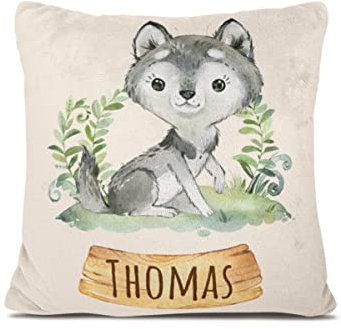 Personalisedog Coussin personnalisé en polaire pour bébé avec nom et motif animal et couleur - Cadeau de naissance ou de baptême avec nom pour garçon et fille (loup)