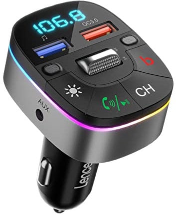 LENCENT Bluetooth 5,0 Auto FM Transmitter, QC3,0 Autoladegerät, AUX Bluetooth Radio Adapter, Drahtlose Dual-Mikrofone und Deep Bass, unterstützt Freisprechen, Siri, Google Assistant