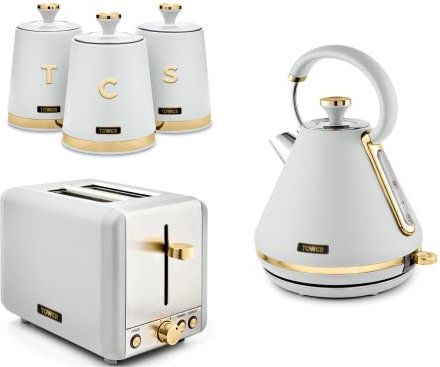 TOWER Cavaletto 1.7L 3KW Pyramid Kettle,2 Slice Toaster&Set of 3 Canisters in Optic White w/ Brushed Champagne Gold Accents. Contemporary Matching Kitchen Set of 5 Items in White (TWRCAVPKT2CANSWHT)