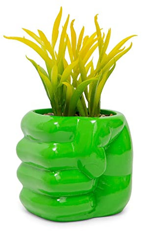 Marvel Comics Hulk Smash Hand - Mini maceta de cerámica de 3 pulgadas con suculentas artificiales, bonita maceta pequeña, planta de interior sintética