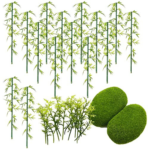 Woohome 30 PCS Bambou Arbres Modèle, 2 Taille Modèles en Bambou Arbres en Bambou en Plastique Vert, 2 PCS Mousse Artificielle Rocks Décoratifs pour DIY de Paysage Landscape