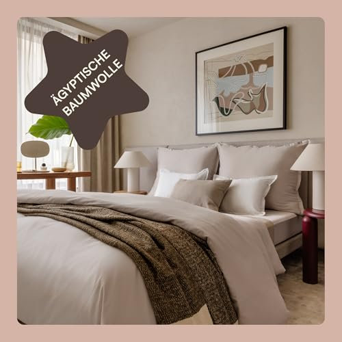 Amqua Mako Satin Bettwäsche Set 200x220cm + 40x80cm (2X Kissenbezüge), 100% ägyptische Baumwolle (Zertifiziert), beige/Sand
