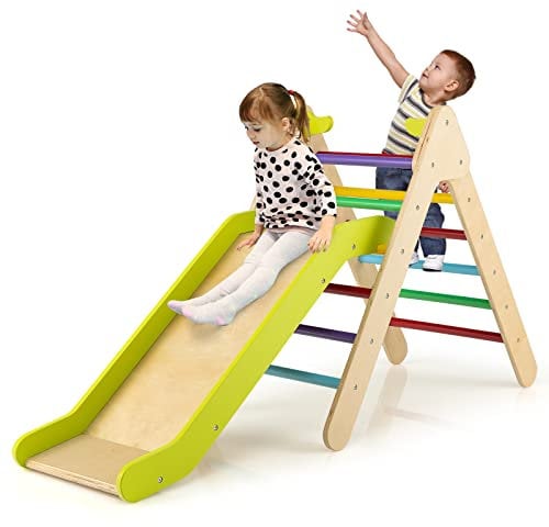 DREAMADE 2 in 1 Kletterdreieck mit Rutschbrett, Indoor Klettergerüst, Holzdreieck Sprossendreieck Klettergerät Kletterspielzeug aus Holz für Kinder ab 1 Jahre (Bunt)