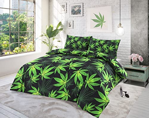 Milosc Luxury Printed Duvet Cover Set Easy Care Washable Bedding Set With Matching Pillow Cover New Home Gift Sets (Cannabis Black, King (U.K. Standard))