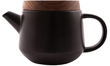 Point-Virgule Théière avec infuseur à thé en INOX, Service a The avec Couvercle, sous-Verre en Acacia, Noir, 600ml
