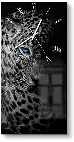 DEQORI Glasuhr | horizontal 30x60 cm | Motiv Leopard mit blauen Augen | große XXL Design Uhr aus Glas | leise Wanduhr für Wohnzimmer & Küche | moderne Hingucker Uhr für die Wand