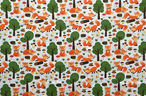 Stoffe zum Nähen für Kinder, 100% Baumwolle, keine Meterware: 0,5m Baumwollstoff Zuschnitt mit Waldtiere - Füchse mit Bäume und Schmetterlinge - Jungen Kinderstoff mit Tiere im Wald