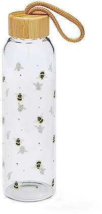 Cooksmart 500ml Glass Water Bottle | Eco Friendly Glass Bottle With Lid & Carry Handle | Glass Bottles For Office, Sports or On The Go - Bumble Bees