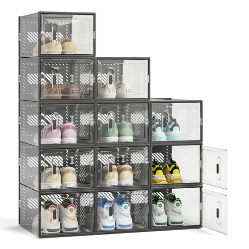 FUNLAX Schuhboxen, Stapelbar Transparent Schuhbox mit 12 Stück, Kunststoff Schuhkarton mit Magnetische Tür und Aromatherapie-Stick, bis Größe 45, Schwarz