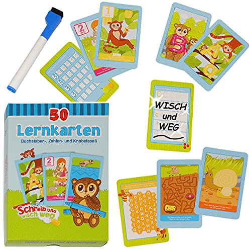 alles-meine.de GmbH Wisch & Weg - Lernkarten Spiel - Buchstaben ABC & Zahlen Lernen & schreiben + Knobeln - mit Folienstift + Schwamm - Schreibset zum Beschreiben - trocken +..
