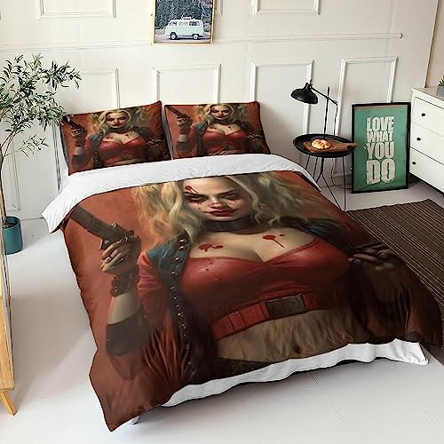 GIOSBR Harley Quinn 3D Gedruckter Clown Girl Für Kinder Mädchen Jungen Bettwäschegarnitur Bettbezug Set Weich Microfaser Bettwäsche Reissverschluss Und Kissenbezüge 3 Teilig King（220x240cm）