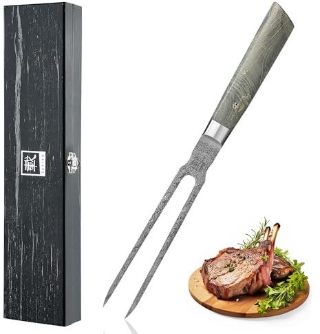Zayiko Professional Series Damast Tranchiergabel 31 cm mit Ahornholzgriff | Fleisch- und Grillgabel mit 2 langen Zinken; 67 Lagen Damaststahl mit VG-10-Kern, für Braten und Grillgut, inklusive Holzbox.