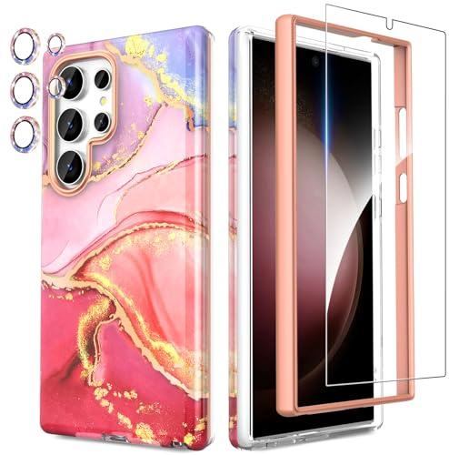 SHEDEER für Samsung S24 Ultra Hülle mit Glitzer Kameraschutz + Displayschutz, Galaxy S24 Ultra Hülle Schick Anti-Vergilbung Muster, TPU Stoßfest Kratzfest Handyhülle für S24 Ultra 6,8'', Glasig rosa