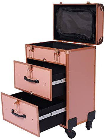 Kosmetikkoffer Trolley Professionell Make Up Koffer Mit Schubladen und Schloss Schminkkoffer Groß mit Rollen 360° Drehbar Nägel Koffer Friseurkoffer 36x23x58cm (Roségold)