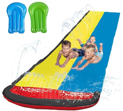 LUFEIS Water Slide, 468cm Inflatable Water Slide with 2 Bodyboards, Lawn Backyard Double Water Slide with Sprinkler, Summer Waterslide Outdoor Water Toys for Kids & Adults, 184 in x 57 in