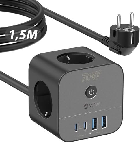 VEFVE 70W USB-C Ladegerät, 7-in-1 Würfel-Steckdosenleiste mit Schalter, Mehrfachsteckdose 3m mit USB-Schnellladung Kompatibel mit MacBook, Laptop, iPad Pro, iPhone 15, Galaxy S23