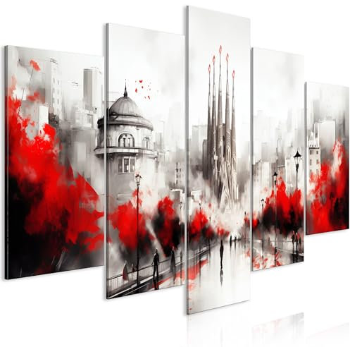 murando Akustikbild Landschaft 100x50 cm Bilder mit Akustikschaumstoff Hochleistungsschallabsorber Schallschutz Leinwandbild XXL 5 tlg Wandbild Stadt Barcelona Aquarelle Stadtpanorama d-H-10034-b-c