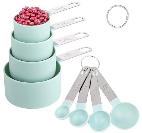 Set de Cuillères à Mesurer, 8 Pièces Tasses et Cuillères à Mesurer,Cuilleres Doseuses pour Mesurer Solides et Liquides,Cuillères à Mesurer, Pour Mesurer les Ingrédients Secs et Liquides,Bleu