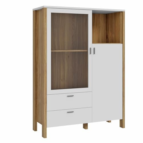 Meubletmoi Verglaster Schrank, Höhe 152 cm, 2 Türen, 2 Schubladen, 1 Nische, hellgrau und Eiche mit Griffen aus Metall, grau, natürliches und skandinavisches Design – Devonne