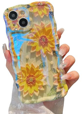 EnigmaDrops Case for iPhone 11 Pro Max, Colorful Retro Oil Painting Flower Cute Floral Aesthetic Curly Wave Frame Laser Glossy Reflective Exquisite Stylish Protective Cover Women Girls-Sunflower