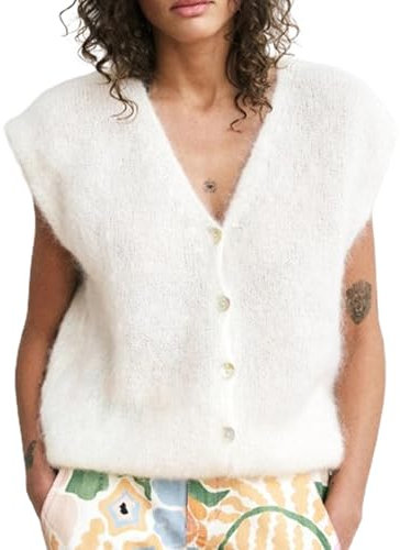 Women Y2K Knit Sweater Vest Cap Sleeve V Neck Elegant Furry Sleeveless Button Tank Top Knit Cardigan Vest Shirt (A-White, L)