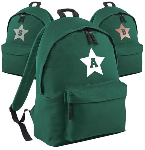 Print Maniacs Personalised School Backpack Large 18L Kids Travel Rucksack Junior Shoulder Collage Rucksack Back To School Lunch Swimming P.E Laptop Book Bag Star (Bottle Green)