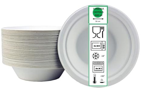 50 Piatti Fondi rotondi diametro 16 cm altezza 4 cm 400 ml Piatto fondina tazza carta bianco bagassa biodegradabile rigido monouso in fibra vegetale feste compleanni picnic eventi sagre