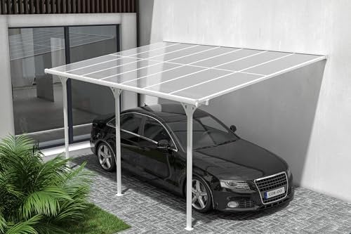Cazeboo Pergola/Carport Aluminium, Abri de Voiture KLEO, 450 x 300 cm, Blanc, Pergola adossée, 13,5m², Toit Polycarbonate