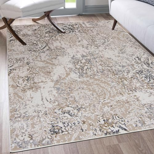 Mazovia Teppich Wohnzimmer 120x170cm Creme Abstrakt Weich Pflegeleicht | Teppich für Schlafzimmer Esszimmer Büro Beige Maschinengewebt Allergikerfreundlich Fußbodenheizungsgeeignet Kurzflor Modern