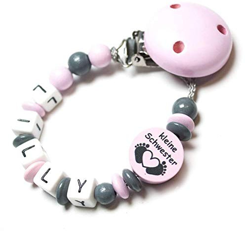 Personalisierte Baby Schnullerkette mit Namen – Verschiedene Modelle für Jungen und Mädchen, Perfektes Geschenk für Babys (zartrosa, kleine Schwester)