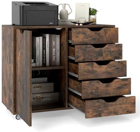 GIANTEX Rollcontainer mit 5 Schubladen & Schrank, Aktenschrank mit Rollen, Schubladenschrank Holz, Druckertisch für Zuhause & Büro, 78 x 40 x 65 cm (Braun, 5 Schubladen + 1 Schrank)