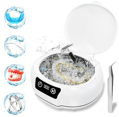 YINPAD Pulitore ad ultrasuoni a ultrasuoni, 48 kHz, 700 ml, portatile, per apparecchi acustici, paradenti, allineatori, spazzolini da denti, occhiali, gioielli (bianco)