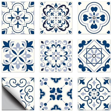 CHGCRAFT 18 Stück 9 Stil Fliesenaufkleber blau und weiß Porzellan Stil Peel und Stick Wandfliese Aufkleber spanischen Stil wasserdicht selbstklebend Stick auf Fliese Abziehbilder, 6×6 Zoll
