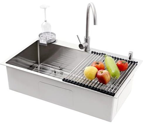 Fregadero Cocina Grande Acero Inoxidable 304, Fregadero 1 Seno Plateado, Fregaderos Un Seno Con Canasta De Drenaje, Para Instalación Bajo Encimera, Sobre Encimera(A,85x50x22cm)