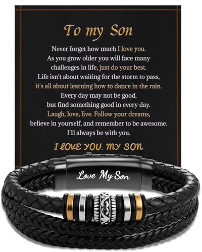 LAXPICOL Gifts To My Son With Box, Braided Leather Son Bracelet With Stainless Steel Clasp,Men Bracelet Engraved Love Massage Birthday Christmas Graduation Jewellery Gifts-Style N-Son