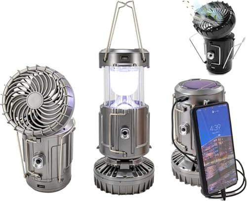 Lampe solaire 2 en 1 et ventilateur portable, lanterne solaire et ventilateur, lanternes LED rechargeables par USB, ventilateur portable pour camping d'urgence (argenté)